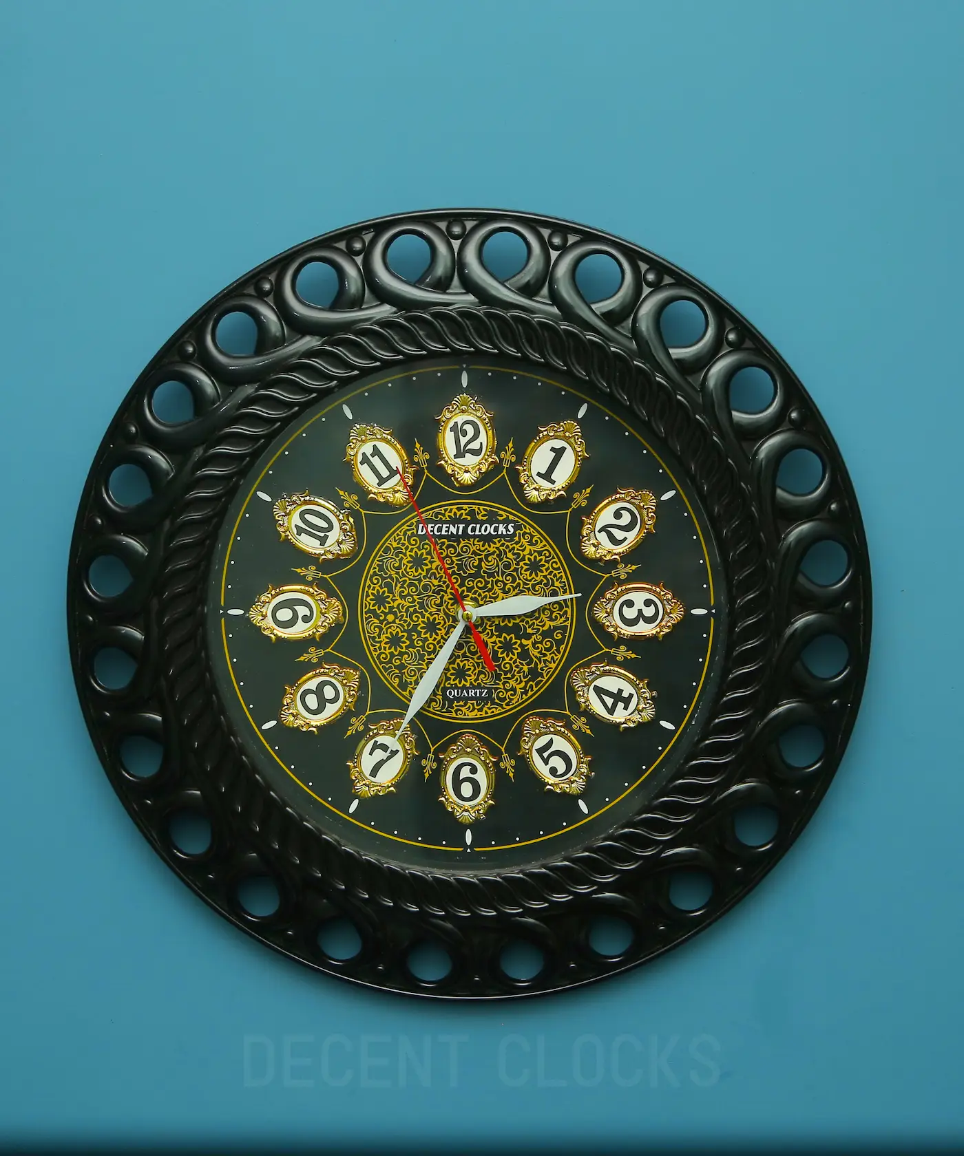 Black Decorative Wall Clock with Golden Floral Design🌼🖤